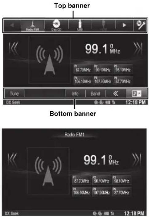 Top banner Radio FM1 Disc CD USB 99.1 0 MHz P1 87.70MHz P2 90.10MHz P3 98.10MHz P4 106.10MHz P5 107.90MHz P6 87.70MHz Tune Info Band DX Seek 12:18 PM Bottom banner Radio FM1 99.1 0 MHz P1 87.70MHz P2 90.10MHz P3 98.10MHz P4 106.10MHz P5 107.90MHz P6 87.70MHz DX Seek 12:18 PM