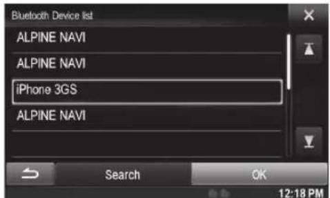 Bluetooth Device list ALPINE NAVI ALPINE NAVI iPhone 3GS ALPINE NAVI Search OK 12:18 PM