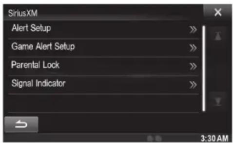 SiriusXM Alert Setup Game Alert Setup Parental Lock Signal Indicator 3:30 AM
