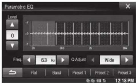 Parametric EQ Level +7 -10 -7 20 200 2k 20k Freq 63 Hz Q Adjust Wide Flat Band Preset 1 Preset 2 Preset 3 12:18 PM