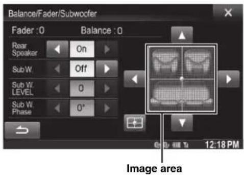 Balance/Fader/Subwoofer Fader :0 Balance :0 Rear Speaker On Sub W. Off Sub W. LEVEL 0 Sub W. Phase 0° Image area On 12:18 PM