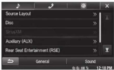 Source Layout Disc SiriusXM Auxiliary (AUX) Rear Seat Entertainment (RSE) General Sound 0 0 12:18 PM