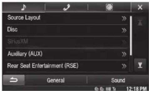 Source Layout Disc SiriusXM Auxiliary (AUX) Rear Seat Entertainment (RSE) General Sound 12:18 PM