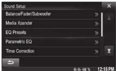 Sound Setup Balance/Fader/Subwoofer Media Xpander EQ Presets Parametric EQ Time Correction 12:18 PM