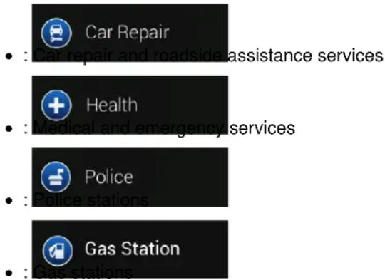Car Repair : Car repair and roadside assistance services Health : Medical and emergency services Police : Police stations Gas Station : Gas stations