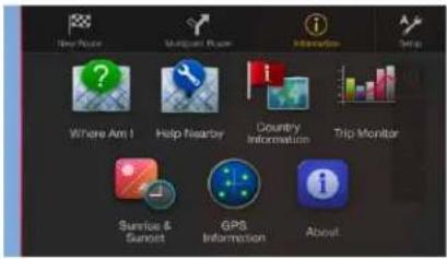 New Route Multiple Route Information Setup Where Aim I Help Nearby Country Information Trip Monitor Service & Sunset GPS Information About