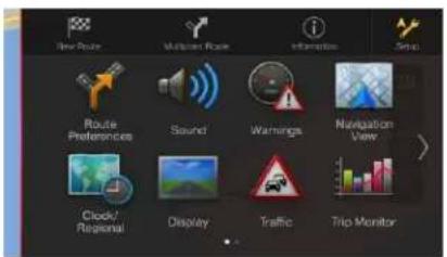 New Route Miscellaneous Route Information Setup Route Preferences Sound Warnings Navigation View Clock/Regional Display Traffic Trip Monitor