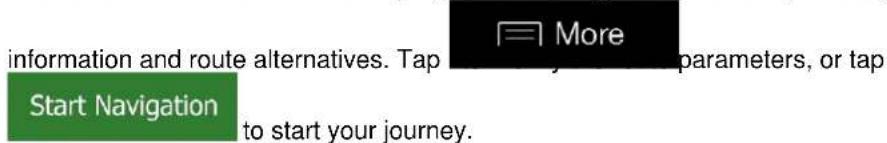 information and route alternatives. Tap More parameters, or tap Start Navigation to start your journey.