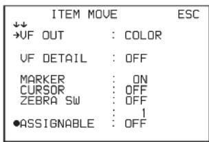 ITEM MOVE ESC ↓↓ →UF OUT : COLOR VF DETAIL : OFF MARKER : ON CURSOR : OFF ZEBRA SW : OFF : 1 ●ASSIGNABLE : OFF