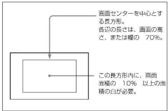 画面センターを中心とする長方形。 各辺の長さは、画面の高さ、または幅の 70%。 この長方形内に、画面面積の 10% 以上の面積の白が必要。