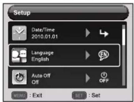 Setup Date/Time 2010.01.01 Language English Auto Off Off MENU : Exit SET : Set