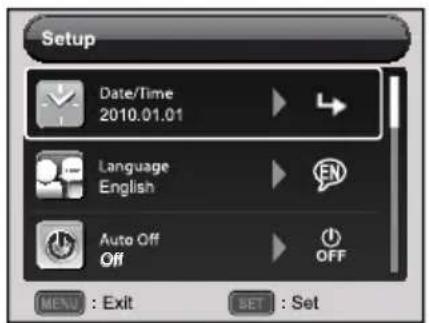 Setup Date/Time 2010.01.01 Language English Auto Off Off MENU : Exit SET : Set