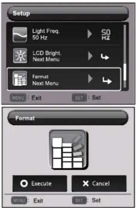 Setup Light Freq. 50 Hz S0 Hz LCD Bright. Next Menu Format Next Menu MENU : Exit SET : Set Format Execute Cancel MENU : Exit SET : Set