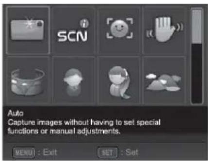 Auto Capture images without having to set special functions or manual adjustments. MENU : Exit SET : Set