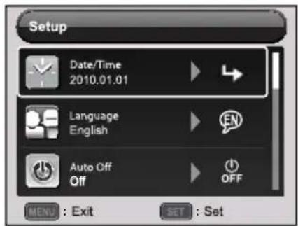 Setup Date/Time 2010.01.01 Language English Auto Off Off MENU : Exit SET : Set