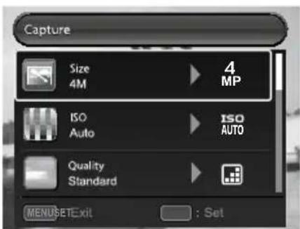 Capture Size 4M 4 MP ISO Auto ISO AUTO Quality Standard MENU SET Exit : Set