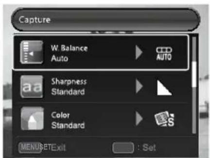 Capture W. Balance Auto Sharpness Standard Color Standard MENUSETExit : Set