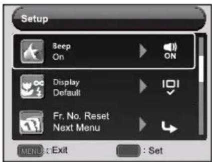 Setup Beep On Display Default Fr. No. Reset Next Menu MENUSE Exit : Set