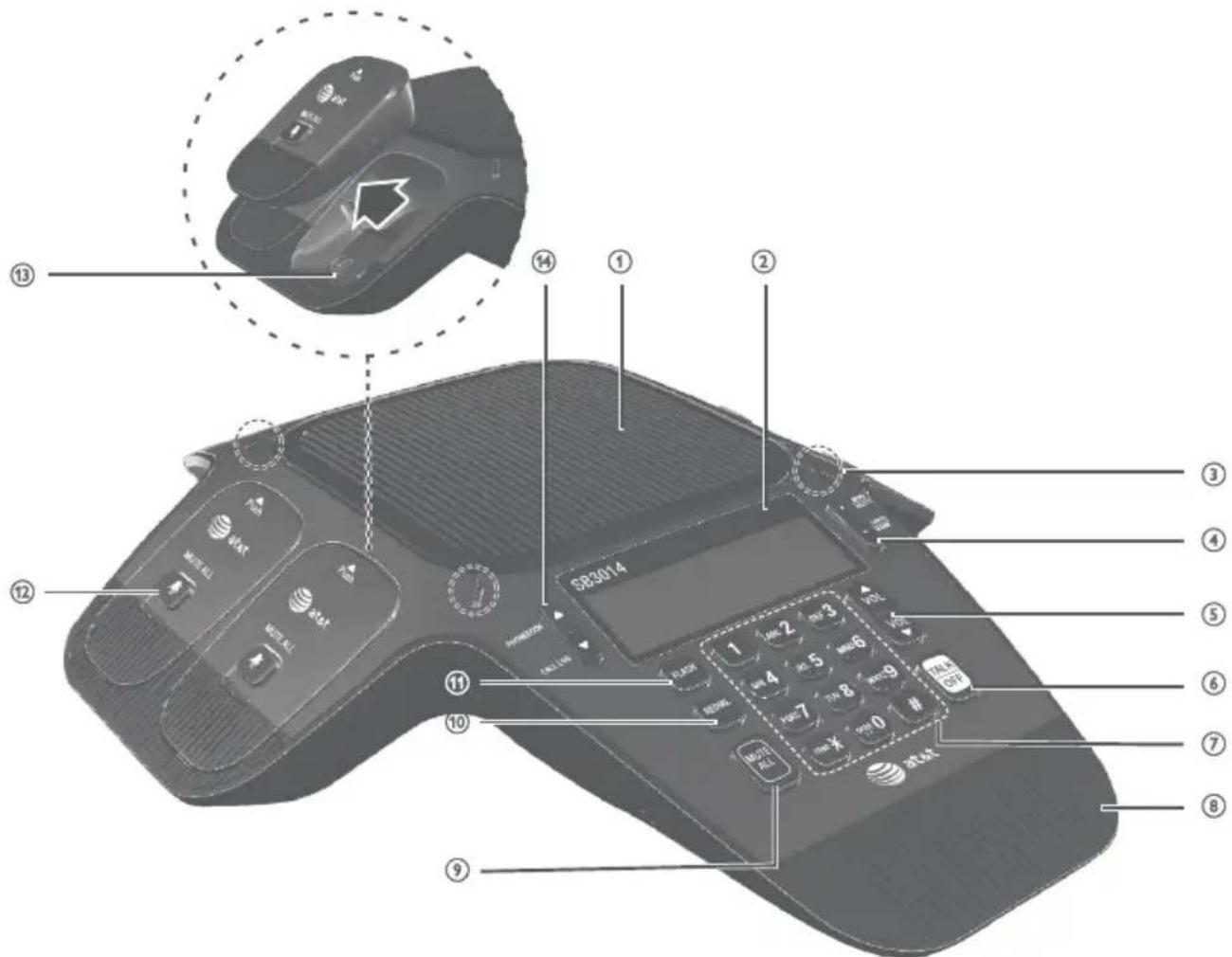 Labeled diagram of a digital phone with numbered parts and control buttons