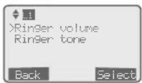 )Ringer volume Ringer tone Back Select