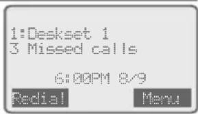 1:Deskset 1 3 Missed calls 6:00PM 8/9 Redial Menu