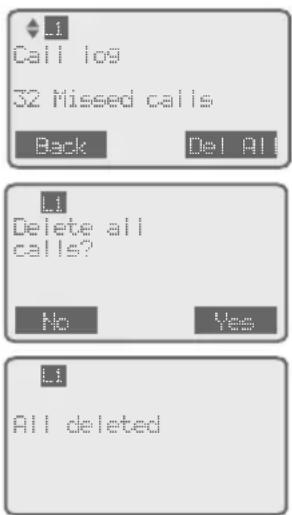 L1 Call 109 32 Missed calls Back Del All L1 Delete all calls? No Yes L1 All deleted
