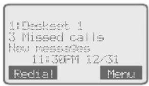 1:Decket 1 3 Missed calls New messages 11:30PM 12/31 Redial Menu