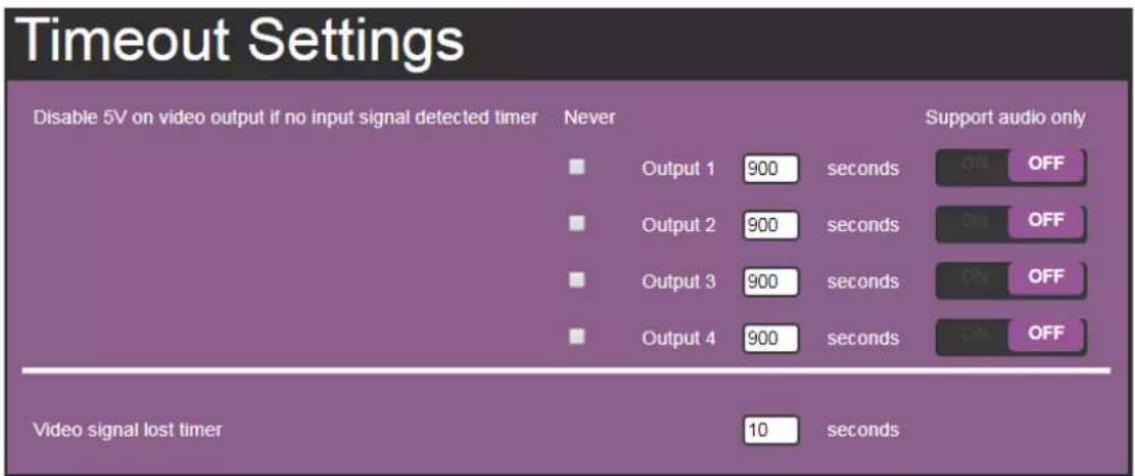 Timeout Settings Disable 5V on video output if no input signal detected timer Never Output 1 900 seconds Output 2 900 seconds Output 3 900 seconds Output 4 900 seconds Support audio only OFF OFF OFF OFF OFF OFF OFF Video signal lost timer 10 seconds