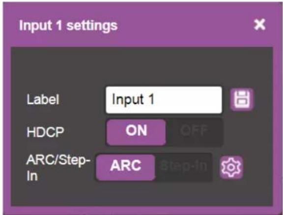 Input 1 settings Label Input 1 HDCP ON OFF ARC/Step-In ARC Step-In