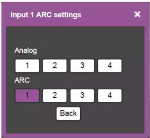 Input 1 ARC settings Analog 1 2 3 4 ARC 1 2 3 4 Back