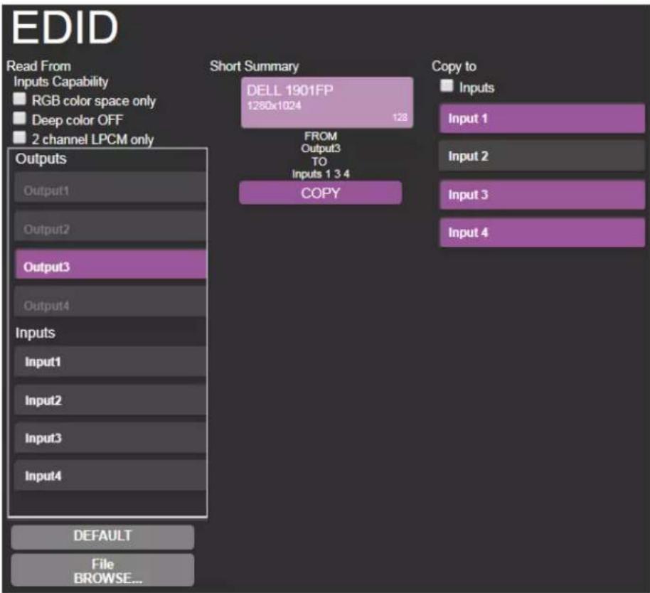 EDID Read From Inputs Capability RGB color space only Deep color OFF 2 channel LPCM only Outputs Output1 Output2 Output3 Output4 Inputs Input1 Input2 Input3 Input4 DEFAULT File BROWSE... Short Summary DELL 1901FP 1280x1024 FROM Output3 TO Inputs 1 3 4 COPY Copy to Inputs Input 1 Input 2 Input 3 Input 4
