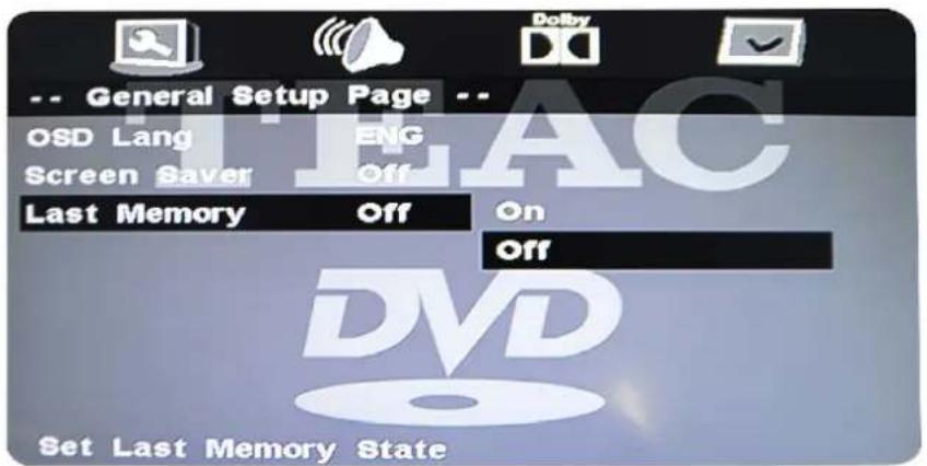 -- General Setup Page -- OSD Lang ENG Screen Saver Off Last Memory Off On Off Set Last Memory State