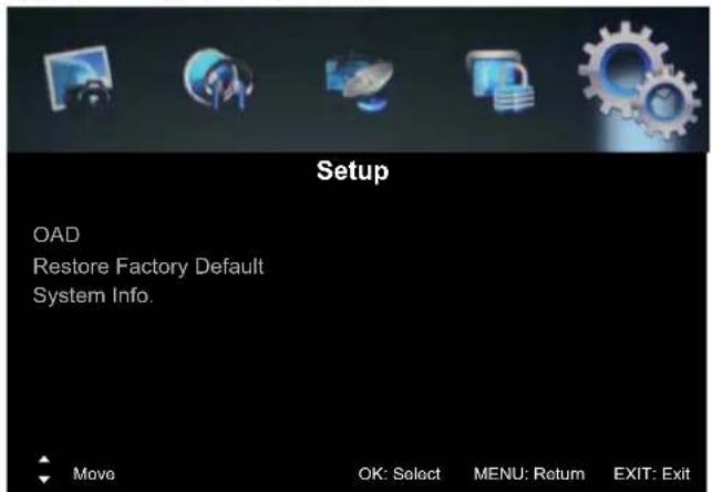 Setup OAD Restore Factory Default System Info. Move OK: Select MENU: Return EXIT: Exit