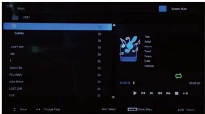 Music USB1 Screen Mode Subtile LOST DIR ash 100k+756 FLV-WNV inae Move LOST DIR PVR Title Artist Album Track Years Cate FloatBox 30.00 SE 00:00:00 Move Change Page OK Select Quick Menu EXIT Return