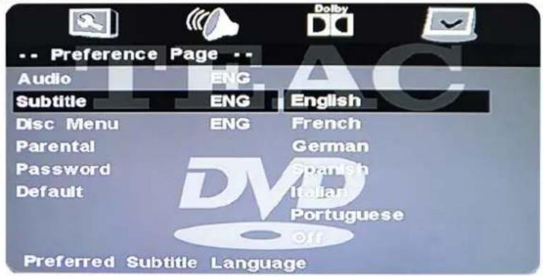 Preference Page Audio ENG Subtitle ENG English Disc Menu ENG French Parental German Password Spanish Default Italian Portuguese Preferred Subtitle Language Off
