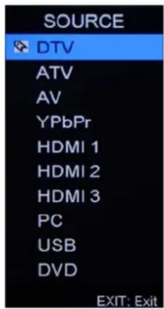 SOURCE DTV ATV AV YPbPr HDMI 1 HDMI 2 HDMI 3 PC USB DVD EXIT: Exit