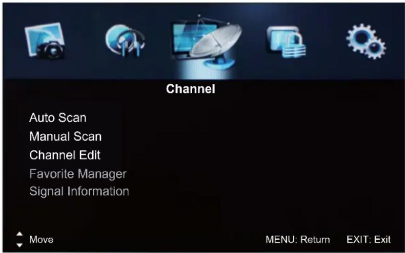 Channel Auto Scan Manual Scan Channel Edit Favorite Manager Signal Information Move MENU: Return EXIT: Exit