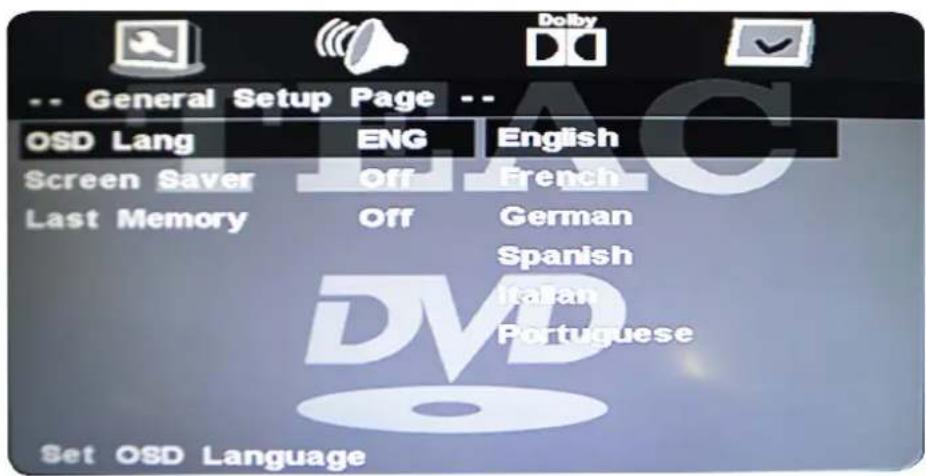 -- General Setup Page -- OSD Lang ENG English Screen Saver Off French Last Memory Off German Spanish Italian Portuguese Set OSD Language