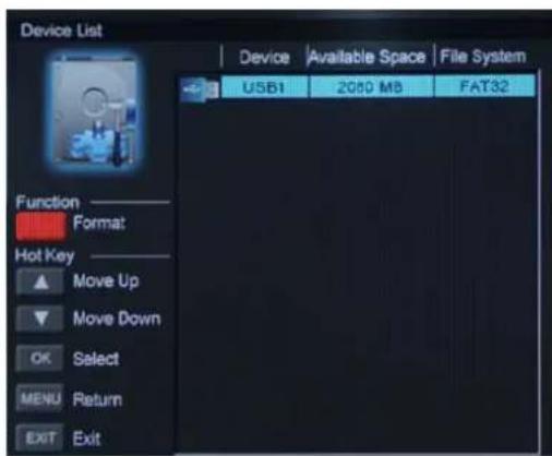 Device List Device Available Space File System USB1 2080 MB FAT32 Function Format Hot Key Move Up Move Down OK Select MENU Return EXIT Exit