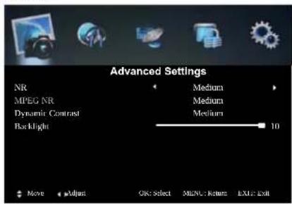 Advanced Settings NR MPEG NR Dynamic Control Backlight Medium Medium Medium 10 Move adjust OK: Select MENU: Return EXIT: Exit