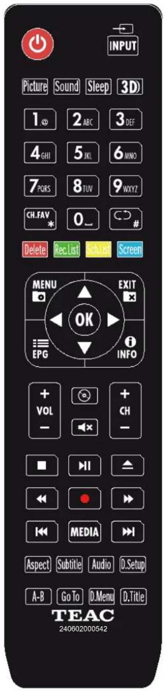 INPUT Picture Sound Sleep 3D 1 2 ABC 3 DEF 4 GHI 5 JKL 6 MNO 7 PQRS 8 TUV 9 WXYZ CH.FAV 0 _ # Delete Rec List Sch List Screen MENU EXIT OK EPG INFO + VOL + CH - - × - ■ ▶ II ▲ ◀ ◆ ● >> ◀ ◆ MEDIA >> Aspect Subtitle Audio D.Setup A-B Go To D.Menu D.Title TEAC 240602000542