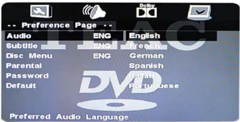 -- Preference Page -- Audio ENG English Subtitle ENG French Disc Menu ENG German Parental Spanish Password Italian Default Portuguese Preferred Audio Language