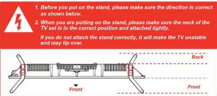 1. Before you put on the stand, please make sure the direction is correct as shown below. 2. When you are putting on the stand, please make sure the neck of the TV set is in the correct position and attached tightly. If you do not attach the stand correctly, it will make the TV unstable and may tip over.