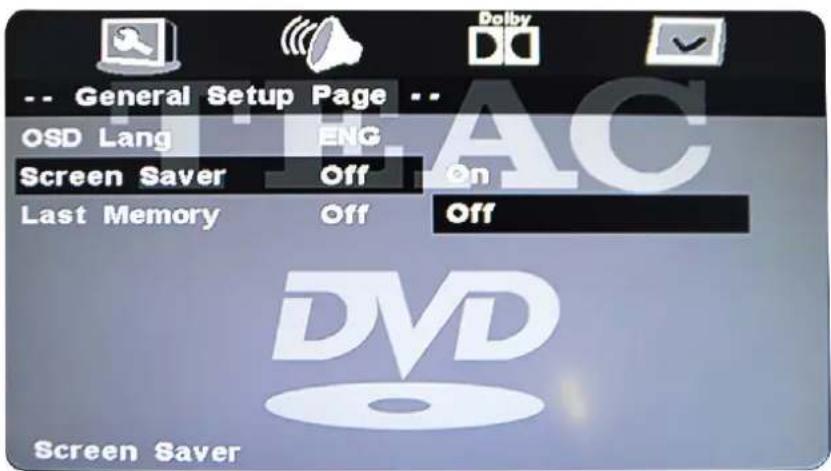 -- General Setup Page -- OSD Lang Screen Saver Last Memory Off On Off DVD Screen Saver