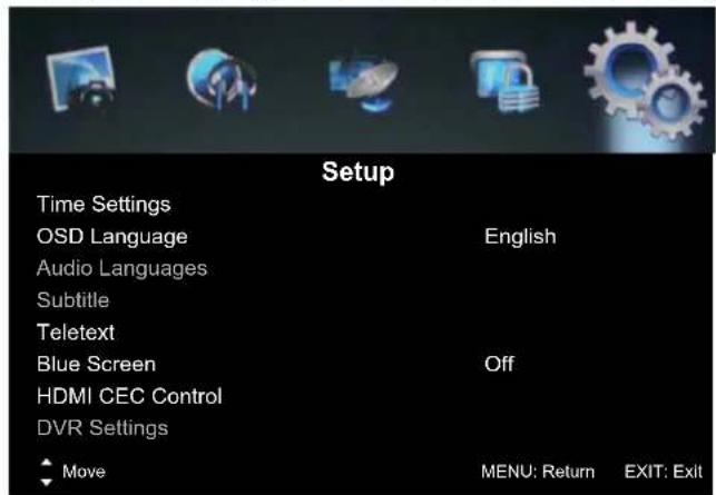 Setup Time Settings OSD Language Audio Languages Subtitle Teletext Blue Screen HDMI CEC Control DVR Settings Move English Off MENU: Return EXIT: Exit