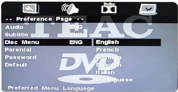 -- Preference Page -- Audio Subtitle Disc Menu Parental Password Default English French German Spanish Italian Portuguese Preferred Menu Language