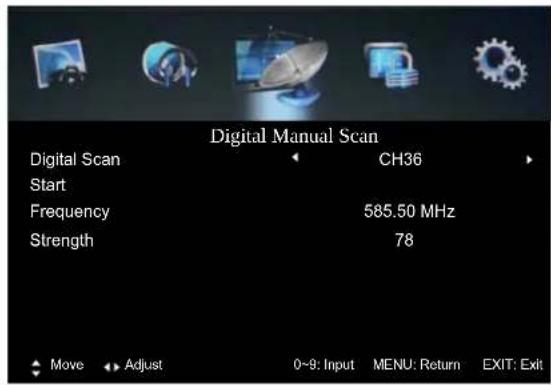 Digital Manual Scan Digital Scan CH36 Start Frequency 585.50 MHz Strength 78 Move Adjust 0~9: Input MENU: Return EXIT: Exit