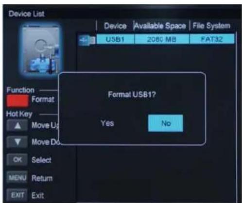 Device List Device Available Space File System USB1 2080 MB FAT32 Format USB1? Yes No Function Format Hot Key Move Up Move Do OK Select MENU Return EXIT Exit