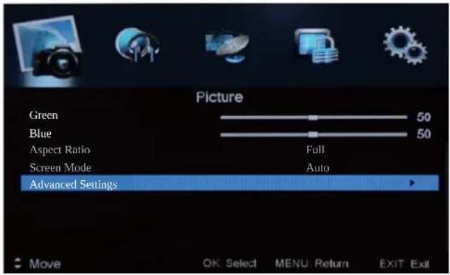 Picture Green 50 Blue 50 Aspect Ratio Full Screen Mode Auto Advanced Settings Move OK Select MENU: Return EXIT Exit