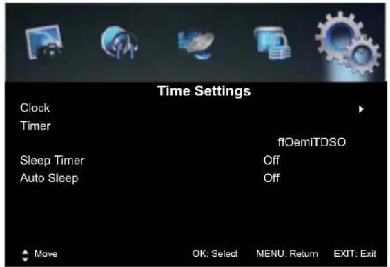 Time Settings Clock Timer ffOemiTDSO Sleep Timer Off Auto Sleep Off Move OK: Select MENU: Return EXIT: Exit